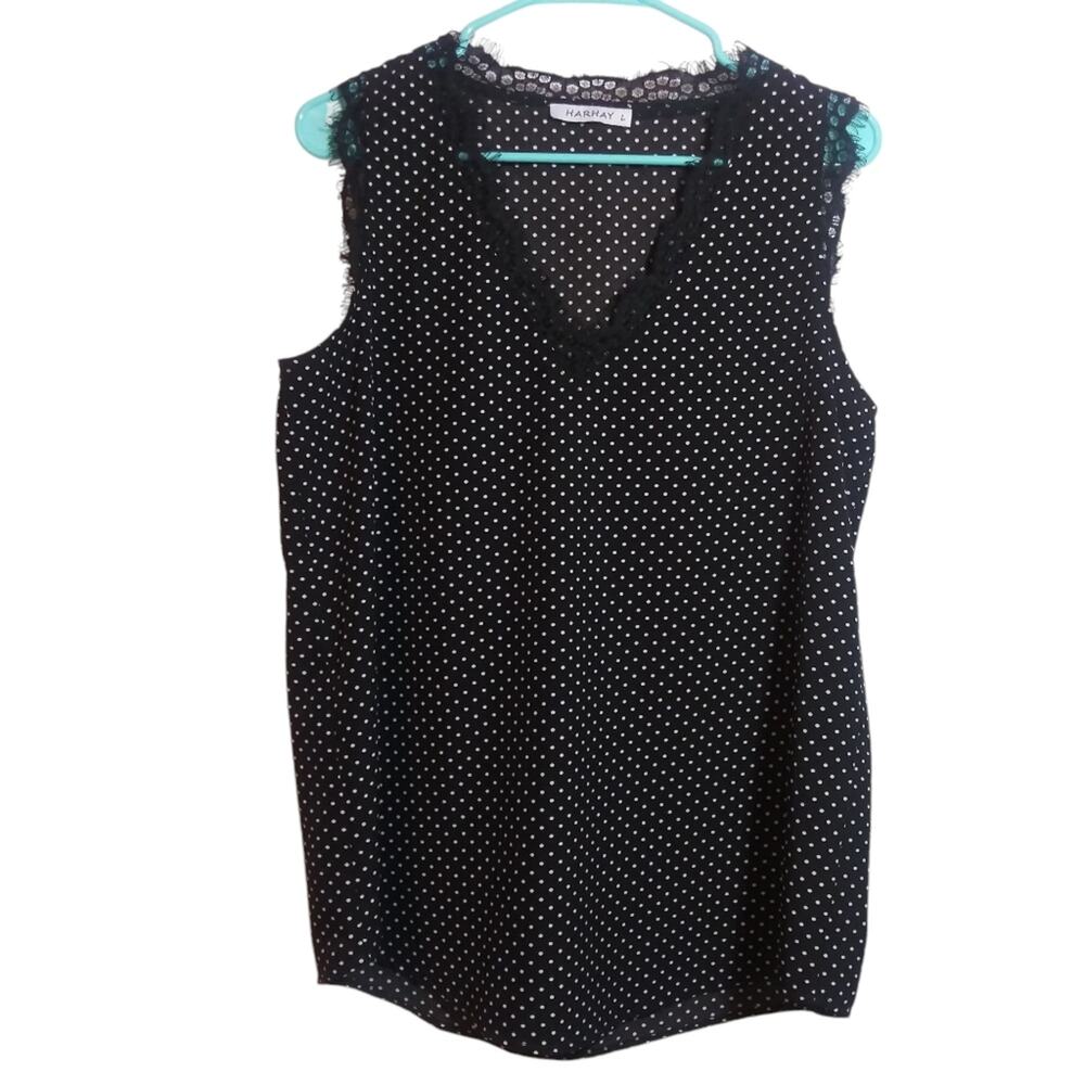 Harhay Black Polka Dot Sleeveless Lace Trim Top Contemporary Office Size L